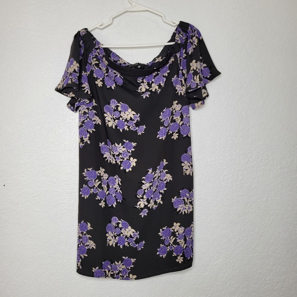 19 Cooper Size Large Purple Black Floral Off the Shoulder Shift Mini Dress - Picture 5 of 7